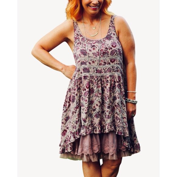 Free People Purple Floral Voile & Lace Trapeze Slip Dress | Boho Grunge Fairy M - Picture 15 of 16